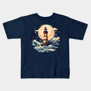 Lighthouse Ocean Waves Full Moon Kids T-Shirt